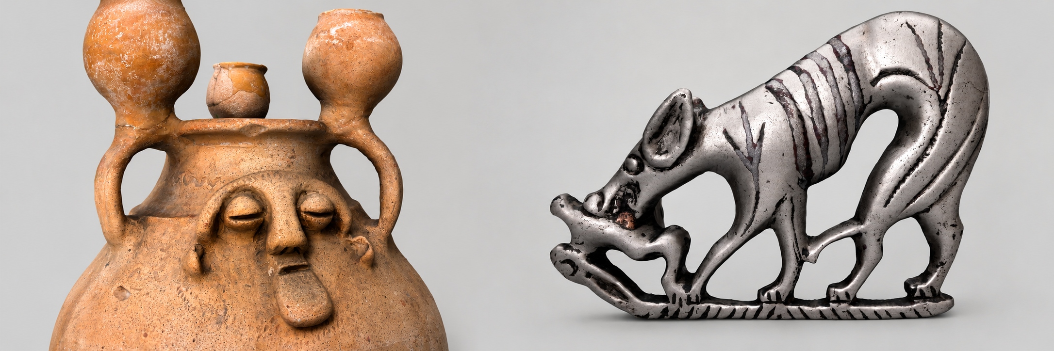 Urne mit Gesicht (links, Inv.Nr. UF-1785), Hund mit Hase (rechts, Inv.Nr. CAR-M-3897)